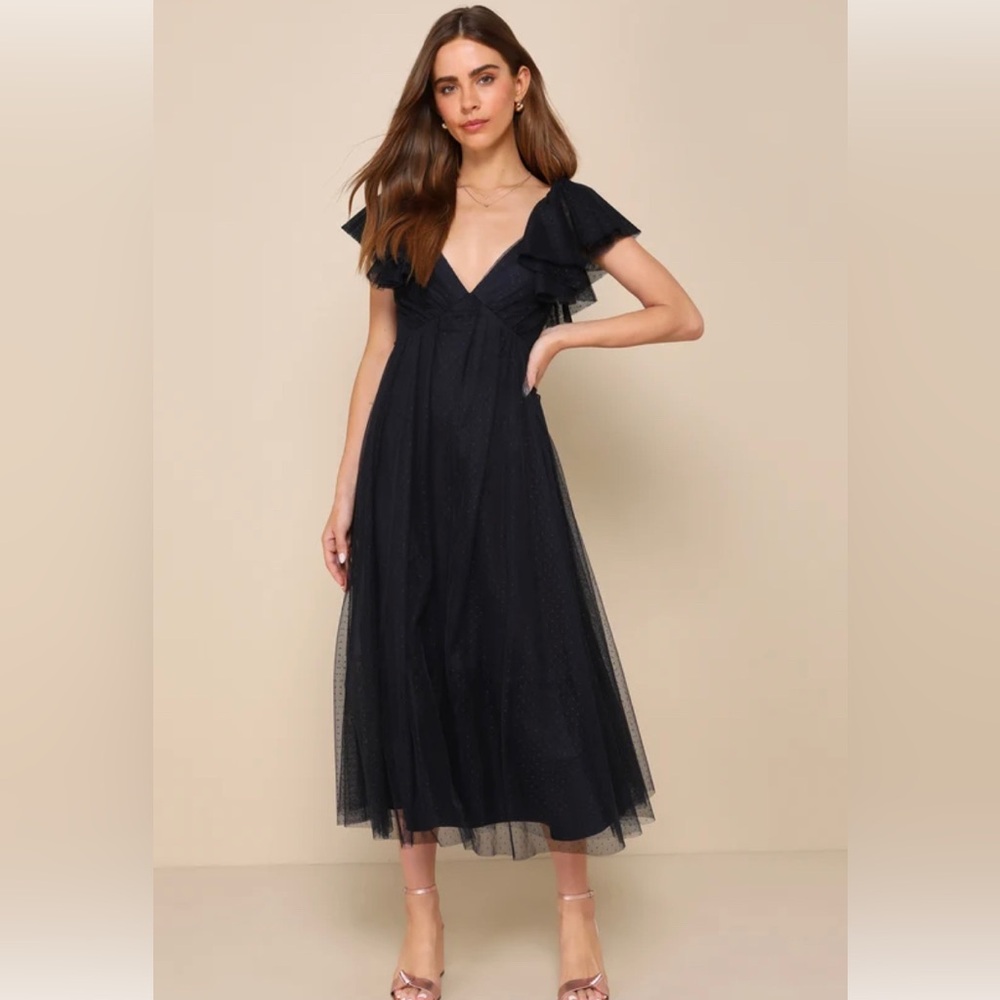 Perfect Invite Midnight Blue Swiss Dot Tie-Back Midi Dress